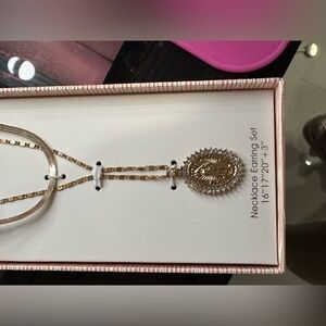 Gold Oval Pendant Necklace and Earring Set - Women Jewelry